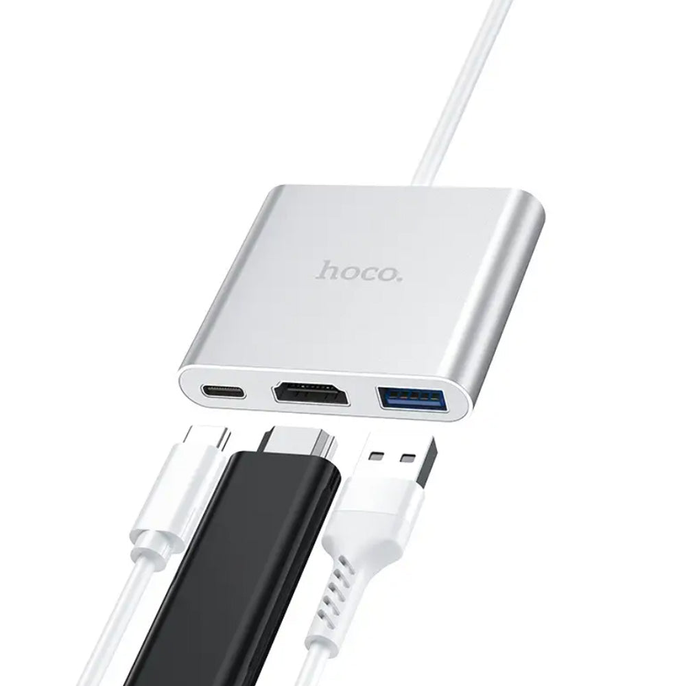 Hub Hoco HB14 Tipo C a USB + HDMI + PD plata