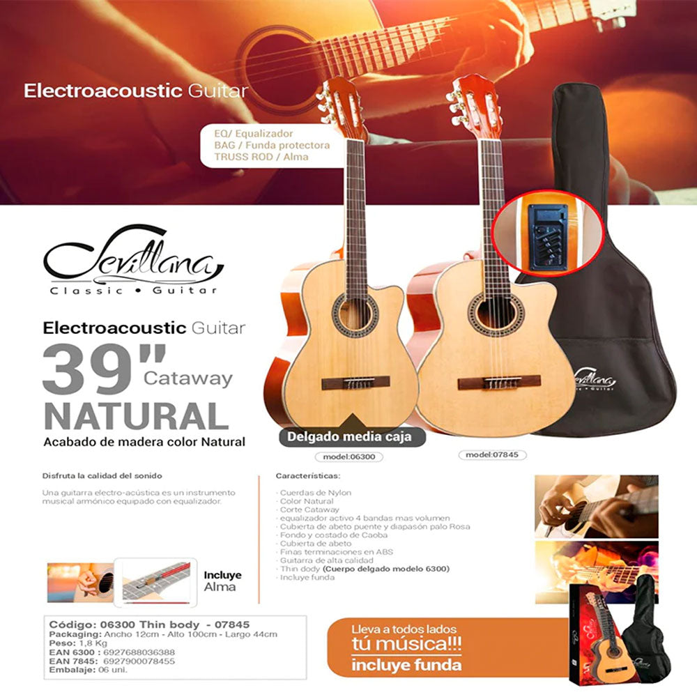 Guitarra Electroacustica Sevillana 6300 39 Pulgadas Delgada