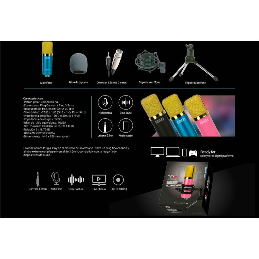Kit de microfono 3DFX B2 Condensador Para streaming Rosado