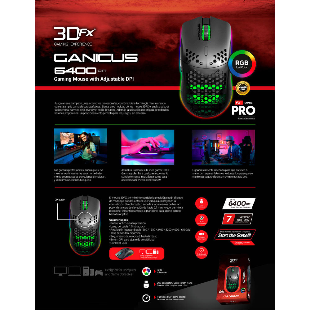 Mouse Gamer 3DFX Ganicus Pro 9085 7 Botones 6400DPI USB