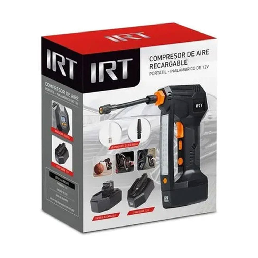 Compresor de Aire IRT 12V Portatil y Recargable Con Luz