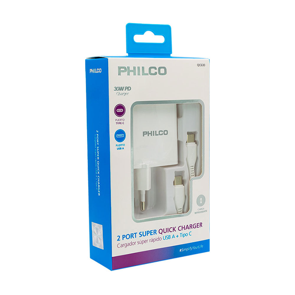 Cargador Philco QC630 Super Rapido USB A Tipo C 30W Blanco