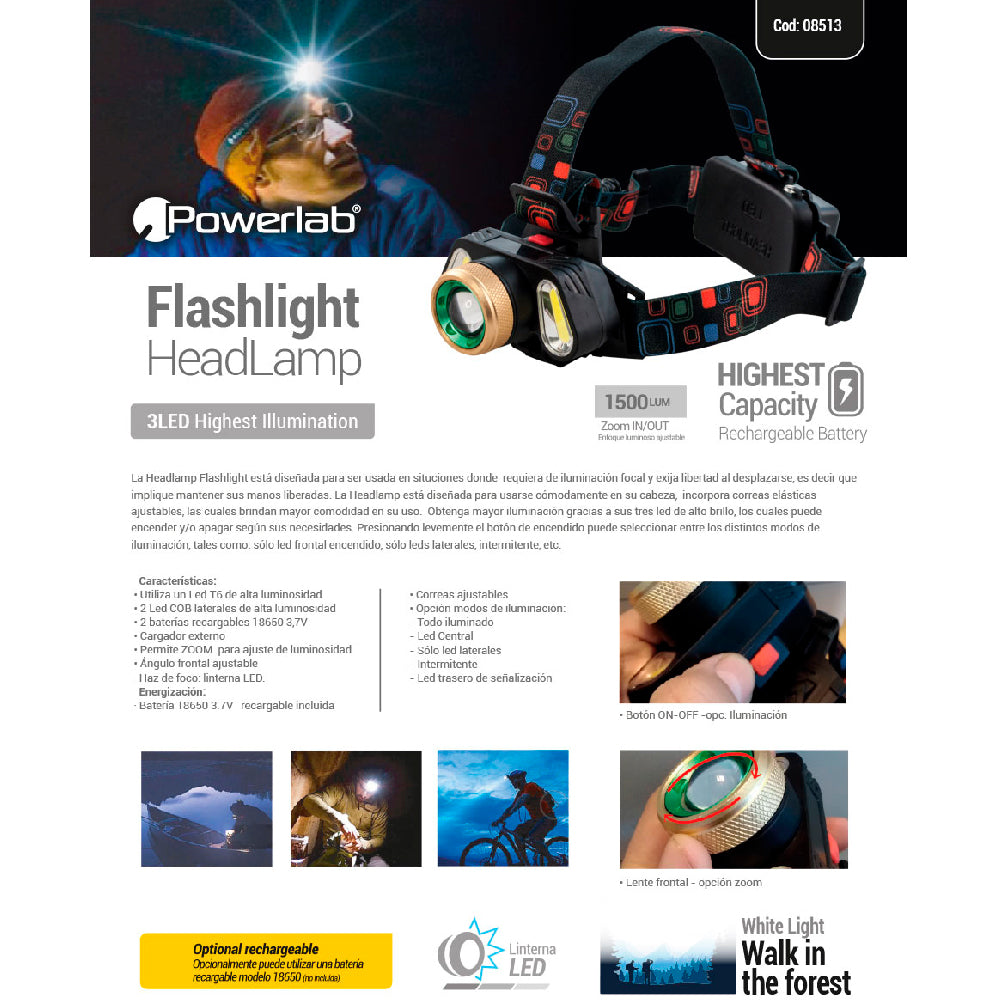 Linterna Powerlab Flashlight HeadLamp 8513 3 Led T6 con Zoom
