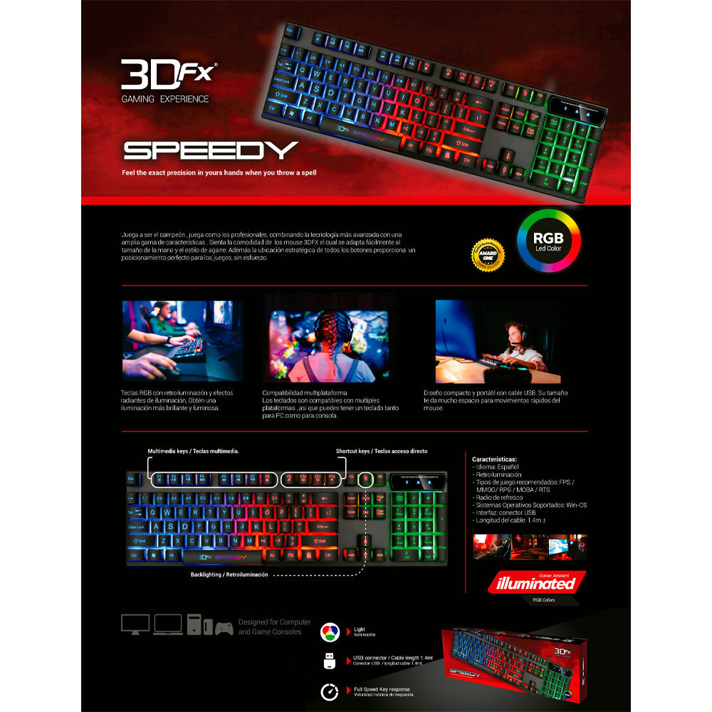 Teclado Gamer 3DFX Speedy 9080 LED RGB USB 1.4m