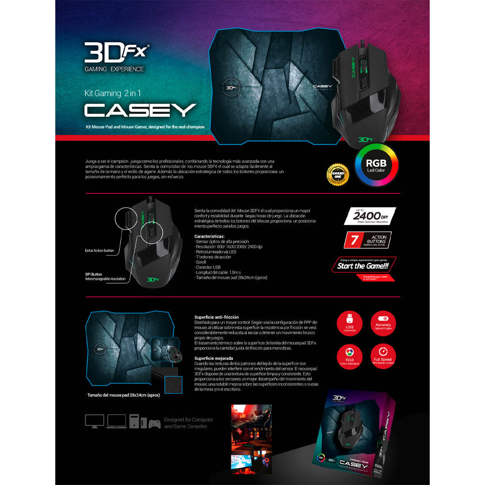 Kit Gamer 3DFX Casey 9090 Teclado + Mouse 2 en 1