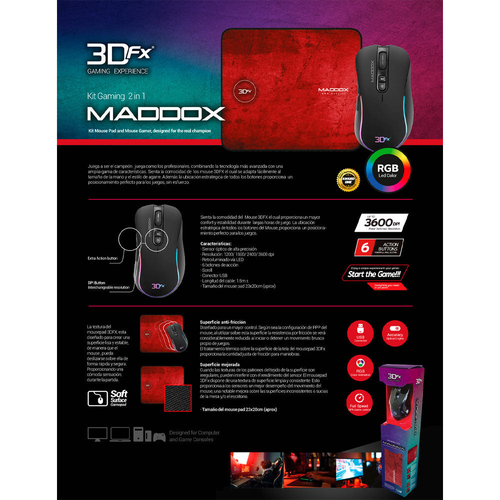 Kit gamer 3DFX Maddox 9091 2 en 1 Mouse + MousePad