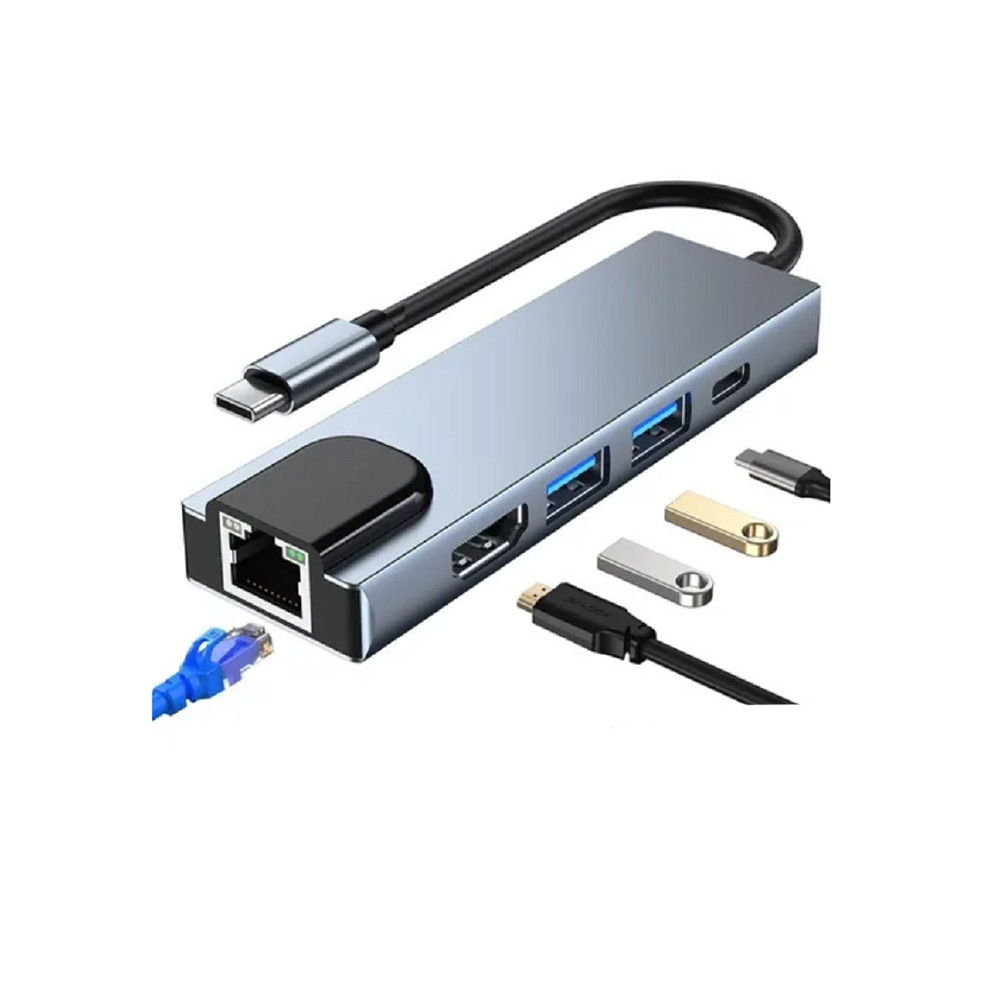 Hub Adaptador 5 en 1 Tipo C HDMI 4K USB 3.0 + 2.0 PD RJ45