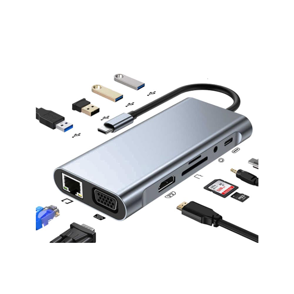 OPEN BOX- Hub Adaptador 11 en 1 Tipo C HDMI USB 3.0 RJ45 VGA